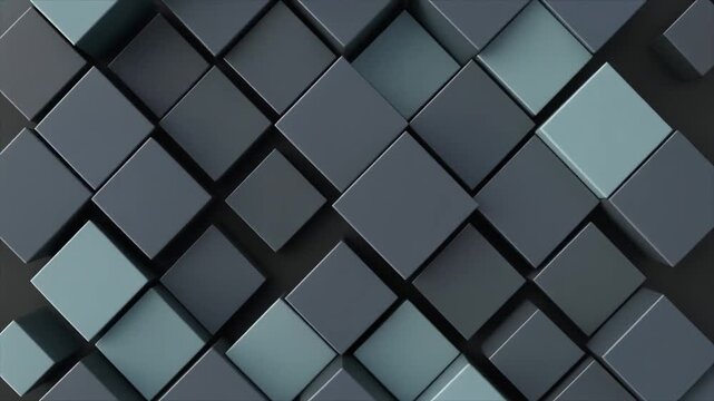 AI-generated 3D motion graphic with blue, teal, and purple cubes moving rhythmically across a charcoal landscape, suitable for innovative technology presentations.
