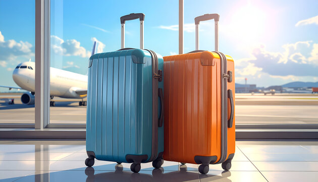 Two colorful suitcases stand prominently in front of a large window showcasing an airplane on the tarmac under a bright, sunny sky, suggesting travel and adventure.