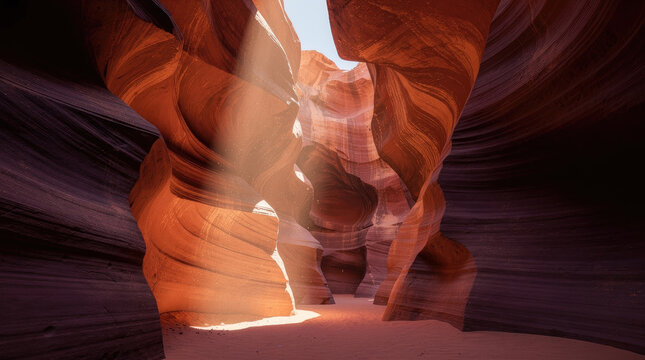 Sunbeams illuminating the winding interior of a red sandstone slot canyon with smooth, eroded walls and flowing rock formations