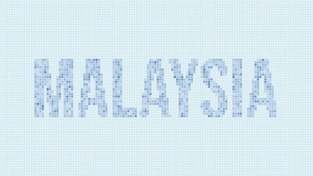 Malaysia dotted map animation. Digital style shape of the country. Malaysia shape and title dots appear with bulb flickering effect. Intro, outro, logo, title video.