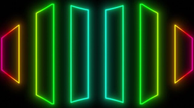 Abstract Neon Geometric Shapes Vertical Bars Glowing Multicolor Black Background. Looping Seamless Animation Of Diverging Rectangular Outlines. Motion Graphics Backdrop For Music Visualizer