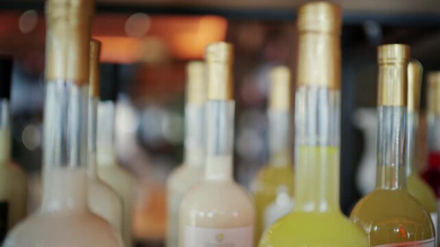 Close up of colorful liqueur bottles with yellow and red liquids on a bar counter