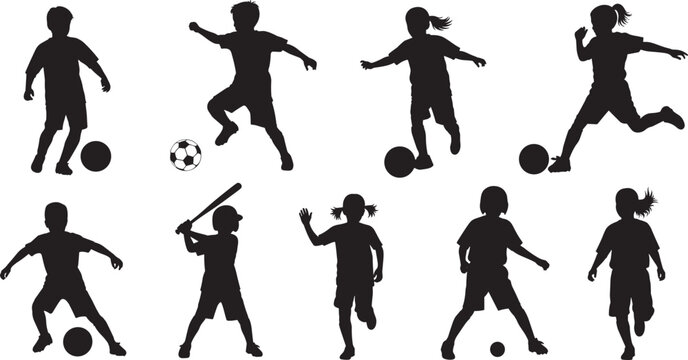 Set of diverse children sports silhouettes featuring boys and girls playing soccer and baseball in various active poses flat vector illustration for school athletics.