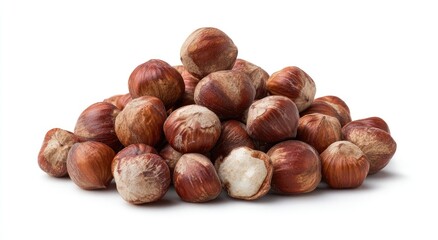 Fototapeta premium A textured pile of whole, unpeeled hazelnuts forms a mound against a white background