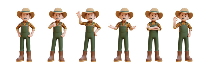 Cartoon farmer character in straw hat and overalls showing thumbs up and greeting in a 3D render © M Novian F