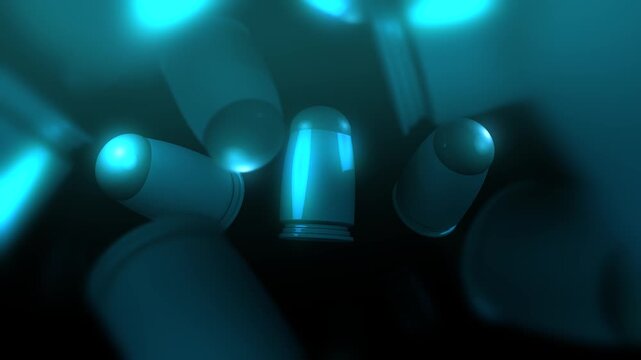  3D Animated Bullets Spinning over Dark Background - Cold Cinematic Version