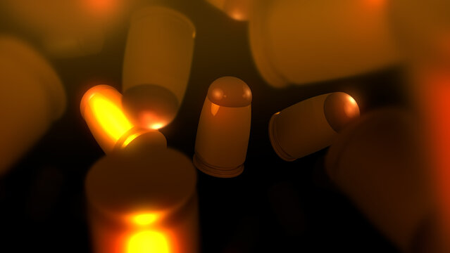 3D Animated Bullets Spinning over Dark Background - Gold Version