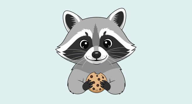Cute raccoon holding a cookie, cartoon style