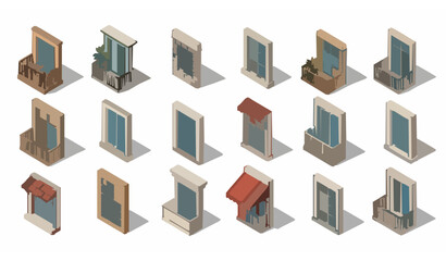 Fototapeta premium Isometric architectural windows vector set arched rectangular balcony