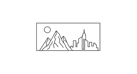 Fototapeta premium Minimalist Line Art: Majestic Mountains Meet Modern Cityscape Under Full Moon