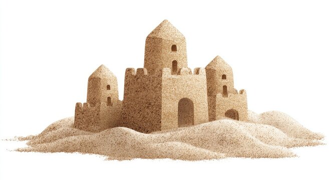 Intricate sandcastle with multiple towers and battlements on a sandy mound