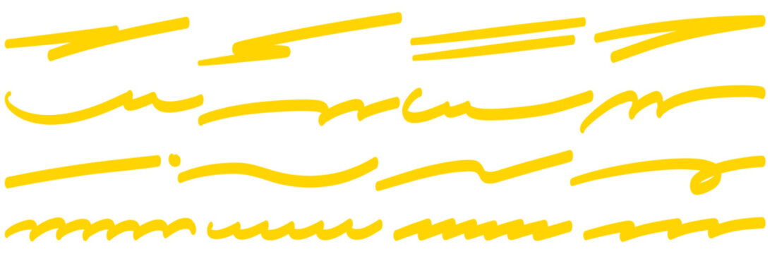 手書きのアンダーライン 黄色の蛍光マーカーで引いたような横長の罫線セット