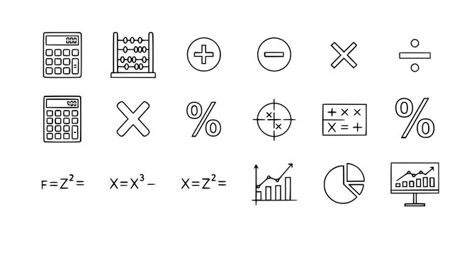 A set of mathematical icons and symbols in a flat, minimalist design style