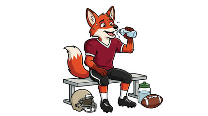 Athletic Cartoon Fox Football Player Mascot Drinking Water on Bench Illustration © Rina