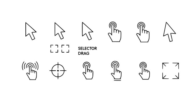 A set of minimalist icons illustrating various computer mouse and touch gestures in a simple line art style