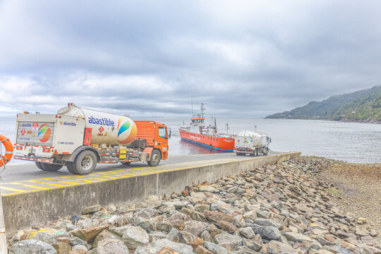 Puerto Montt, Chile - March 20, 2026: Caleta La Arena ferry, receiving motor vehicles for their subsequent transport to Caleta Pueche, on the Carretera Austral, Chilean Patagonia.