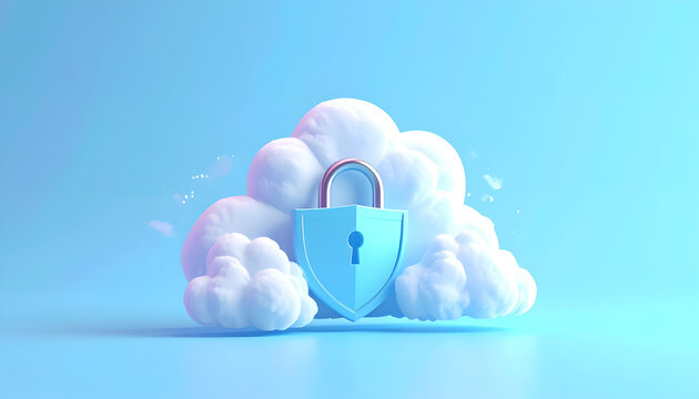 A stylized 3D rendering depicts a padlock shield emerging from fluffy white clouds against a vibrant blue background, symbolizing secure cloud computing and data protection.