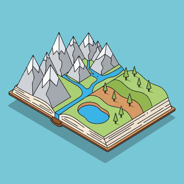 An open book with a landscape scene.