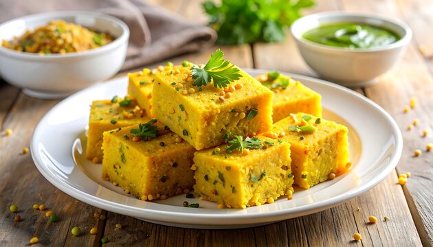 Dhokla, a traditional Indian savory snack made from fermented chickpea batter, served alongside fresh green chutney. The soft and spongy texture is clearly visible