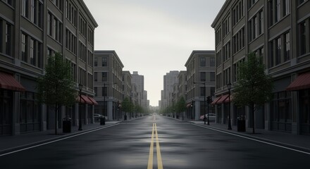 Fototapeta premium Empty Wet City Street After Rain with Modern Buildings and Trees, Cinematic Urban Landscape under Overcast Sky.