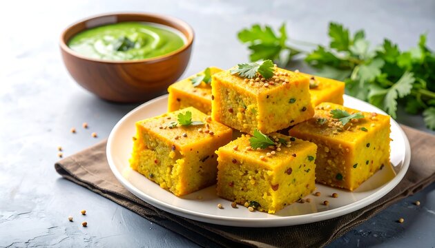Dhokla, a traditional Indian savory snack made from fermented chickpea batter, served alongside fresh green chutney. The soft and spongy texture is clearly visible