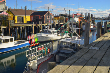 Fototapeta premium Widgery Wharf in Portland Maine, USA. Historic and colorful working wharf in downtown Portland, Maine. 