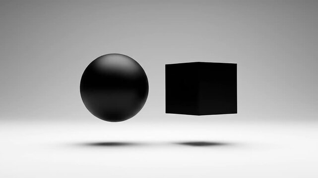 Minimalist 3D Render of Black Sphere and Cube Floating.
