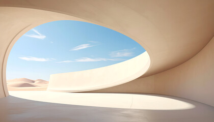 Fototapeta premium A minimalist architectural space frames a serene desert landscape under a bright blue sky.