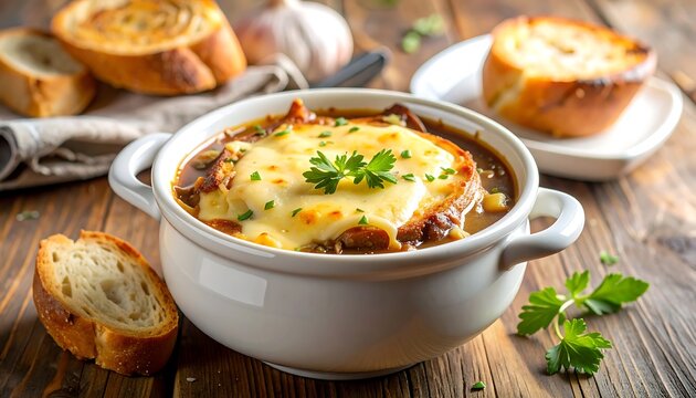 A comforting bowl of French onion soup topped with melted cheese and toasted bread. The rich broth is filled with caramelized onions, creating a deep and savory flavor.
