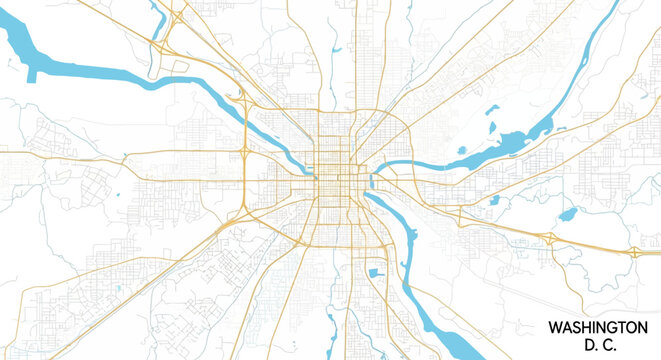 Minimalist digital map of Washington DC city streets and waterways.