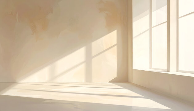 Sunlight streams through a window, casting warm shadows across the textured wall and polished floor of a minimalist interior space.