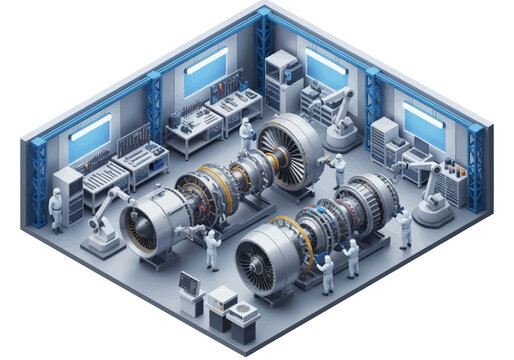 Inside a high-tech engineering workshop with two jet engines being assembled by robots and technicians