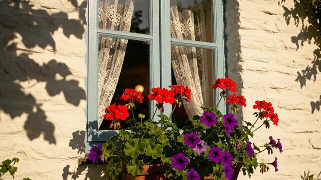 Close-up of a blue wooden cottage window with white lace curtains and a window box filled with red geraniums and purple petunias on a white brick wall with dappled tree leaf shadows.