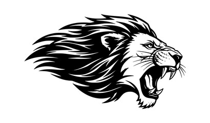 Roaring lion side profile vector in black and white with dynamic mane for sports mascot branding design © Chiron