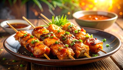 Fototapeta premium A flavorful serving of grilled chicken skewers coated with savory sauce. The tender pieces of chicken are evenly cooked over heat, creating a slightly charred exterior while remaining juicy inside.