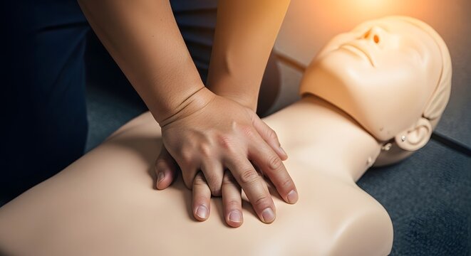 CPR training with chest compressions on mannequin close-up, Emergency life-saving practice with hands on CPR dummy, First aid training showing proper chest compression technique, Close-up of CPR pract