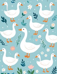 Goose Garden Cute geese among flowers/foliage on a blue background create a cheerful, dense pattern
