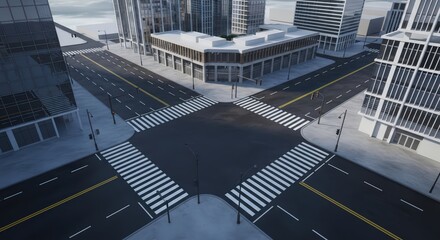 Fototapeta premium Empty City Intersection Aerial View on an Overcast Day