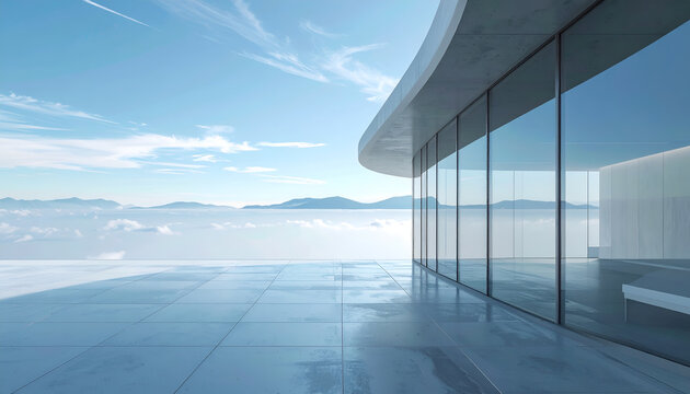 A modern architectural structure overlooks a breathtaking vista of clouds and distant mountains.