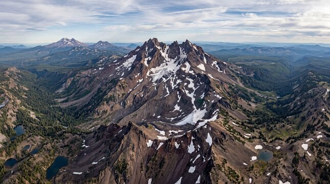 Aerial view of Mount Jefferson peaks with snow in Cascade Range Oregon