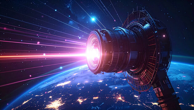 Cosmic Observatory: A futuristic space station, equipped with a powerful lens, directs a focused laser beam towards Earth, symbolizing advanced technological progress.