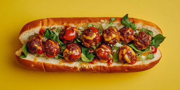 Meatball sandwich with sauce and melted cheese on a yellow background