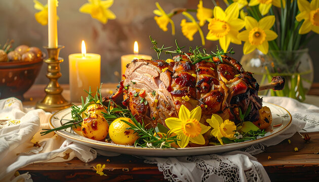 A beautifully presented glazed ham adorned with fresh rosemary, golden potatoes, and vibrant daffodils sits on a decorative platter, illuminated by the warm glow of candles, 