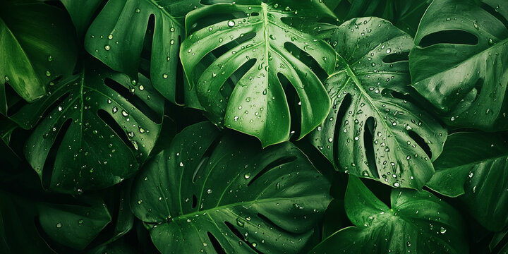 Ornamental green leaves with dewdrops