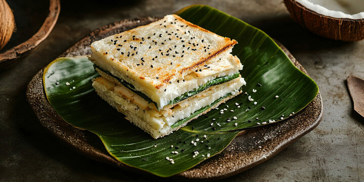 Taro leaf and coconut sandwich on the table