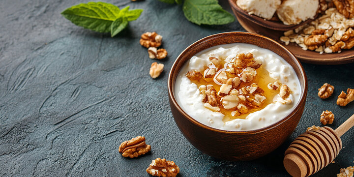 Yogurt with honey and nuts in dish on the table