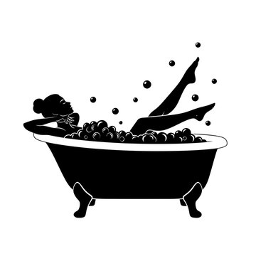Black Silhouette of Bathtub with Splashing Water and Soap Bubbles for Relaxation Concept

