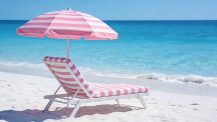 Relaxing pink striped beach chair and umbrella on a pristine white sand beach with turquoise ocean background.