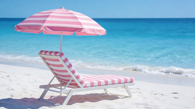 Relaxing pink striped beach chair and umbrella on a pristine white sand beach with turquoise ocean background.
