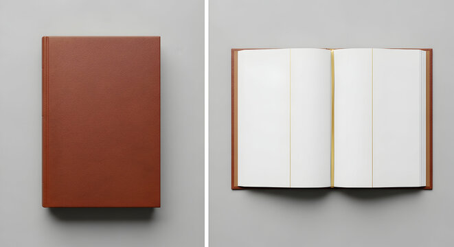 Brown leather book cover and open blank pages mockup